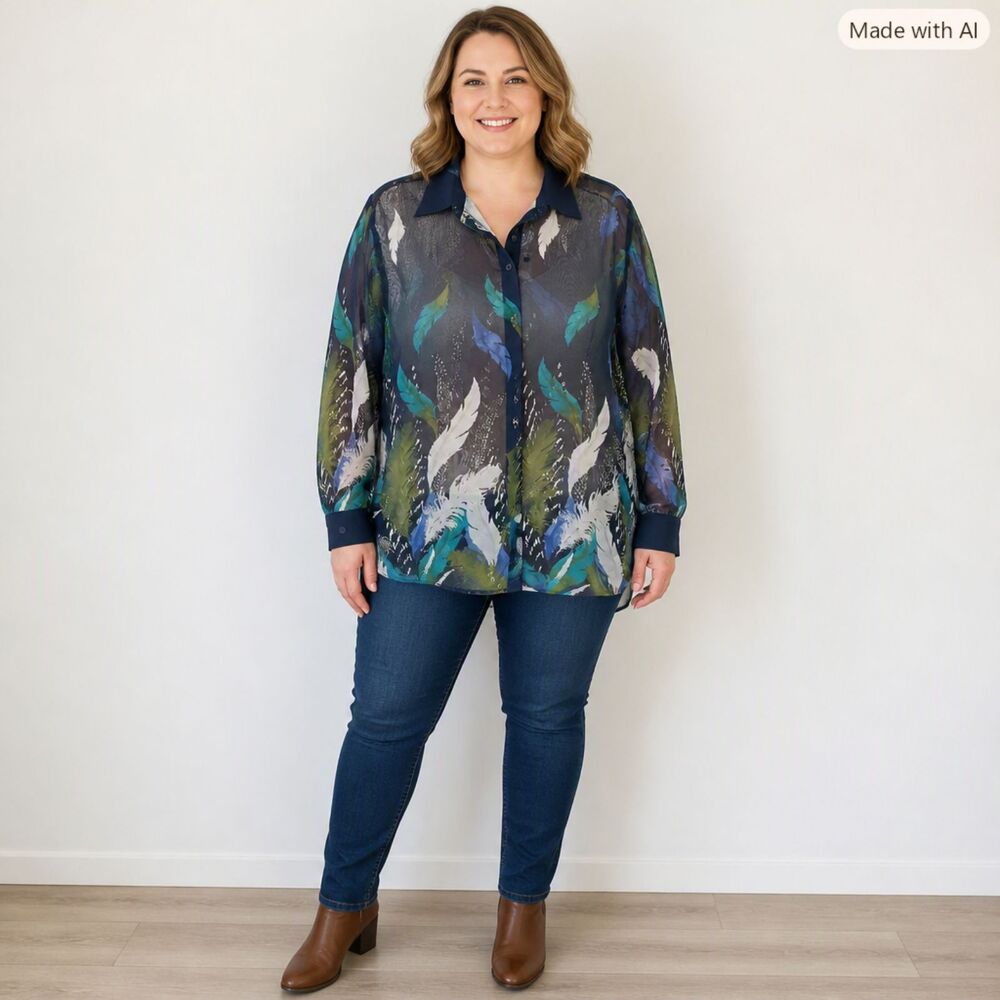 Liz Baker Sheer Feather Print Blouse 2X Like New Vintage 90s